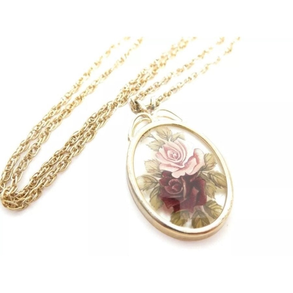 VINTAGE PINK‎ ROSES PENDANT GOLD TONED CHAIN NECKLACE